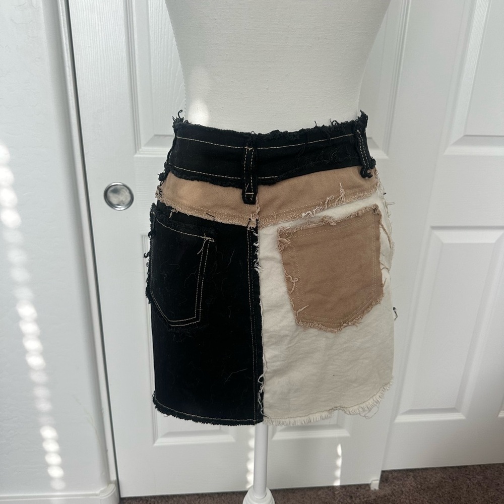 Amazon Patchwork Denim Skirt - Black, Cream, Tan - M - Picture 2 of 6